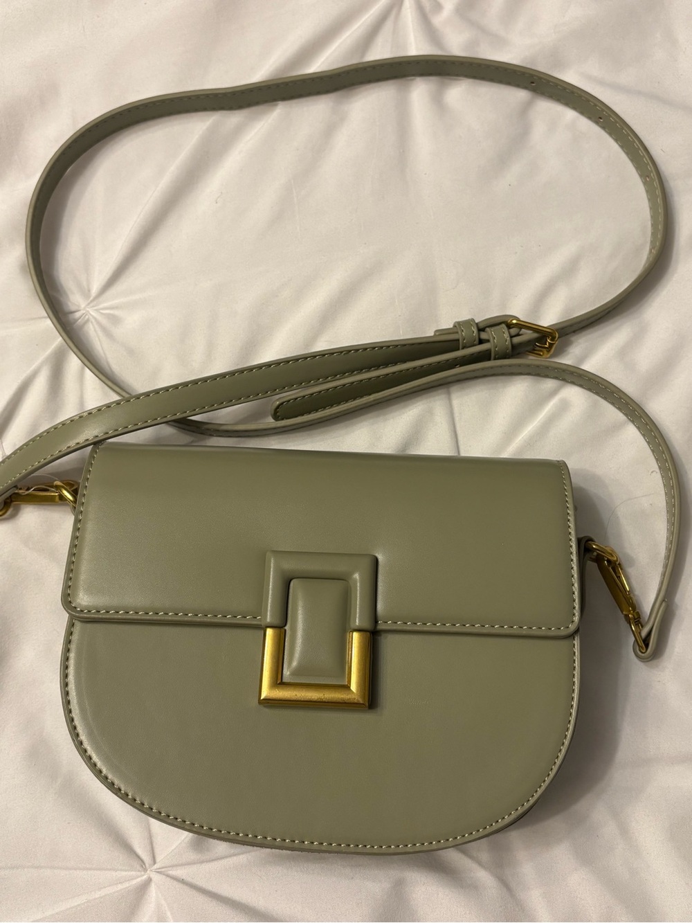 Mystique Sage Green Smooth Vegan Leather Crossbody Bag with Gold Accent